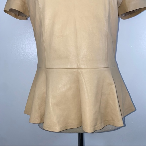 DKNY 100% lambs skin peplum short sleeve top size 6 tan - Picture 7 of 11